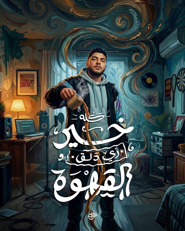 كله خير زي دلق القهوة — نسخة مشهد مرسوم كامل لشخص بيدلق قهوة
